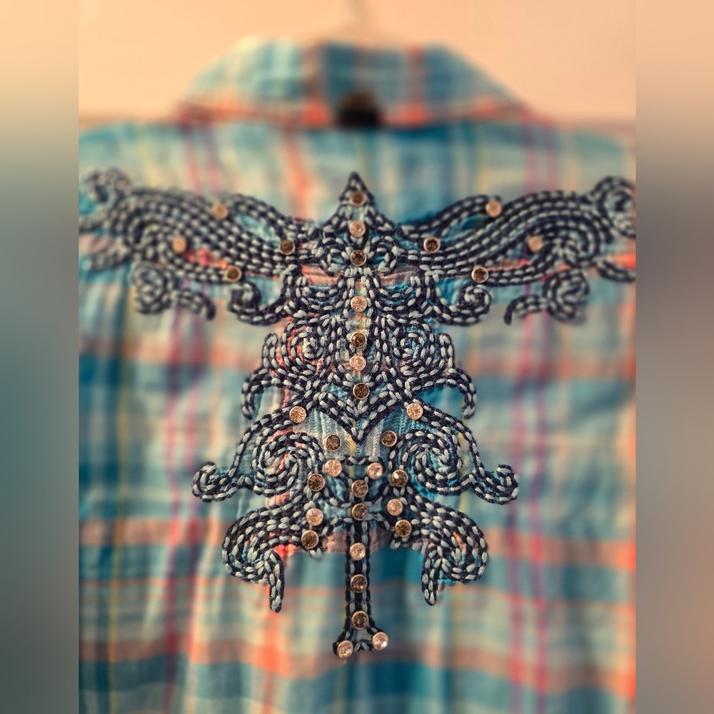 Roar Blue Plaid Button-Up Shirt with Embroidery And Riverts, Size M - Picture 5 of 13